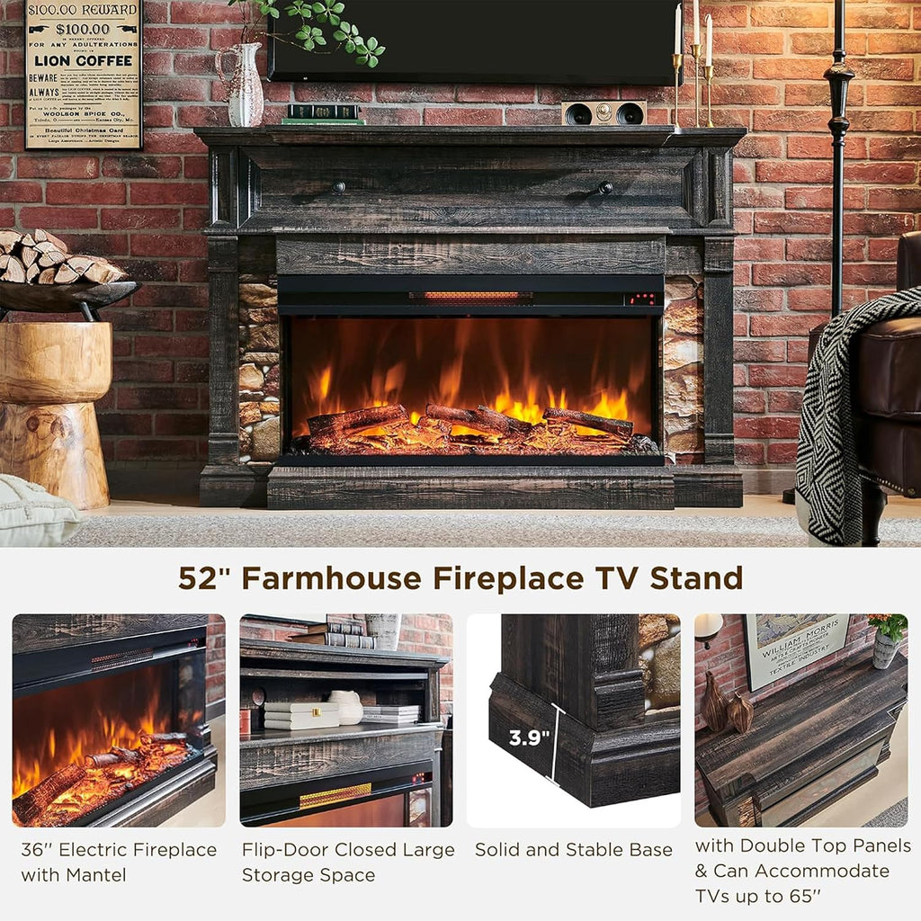 Electric Fireplace with Mantel, 3-Sided Glass Farmhouse TV Stand with Fireplace for TVs up to 65", 52" Media