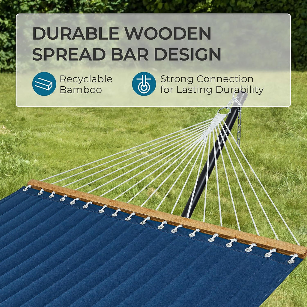 Hammock with Stand, 2 Person Quilted Outdoor Hammock, Detachable Pillow & Bamboo Spreaders, Portable Hammock with