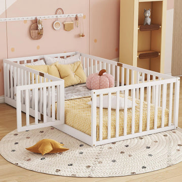 Twin Size Floor Bed with Slats and Door, Twin Size Montessori Floor Bed with High Fence, Low Profile Montessori Beds