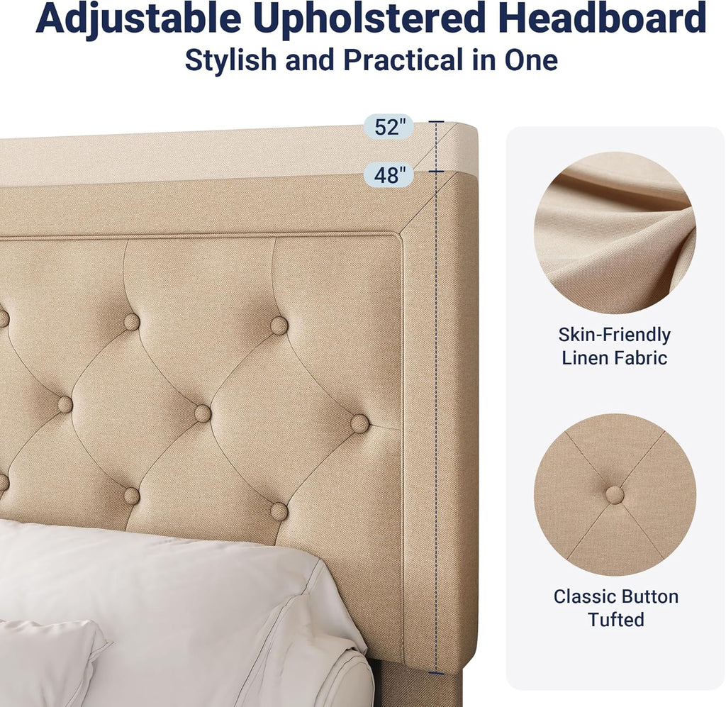 Queen Button Tufted/Fabric Upholstered Bed Frame with Adjustable Headboard/Wood Slat Support/Mattress Foundation/Beige