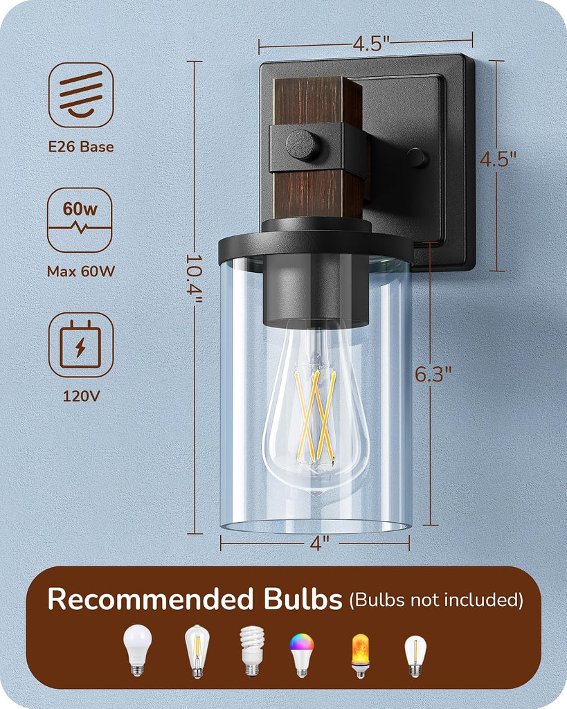Wall Sconces Set of 2, Farmhouse Vanity Light Fixtures with Clear Glass Shade & Dark Brown Wood Grain Paint, 1-Light