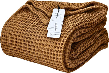 Luxury All Season Waffle Throw Blanket Queen XL Size Caramel - Pure 100% Turkish Cotton Light Airy Blankets