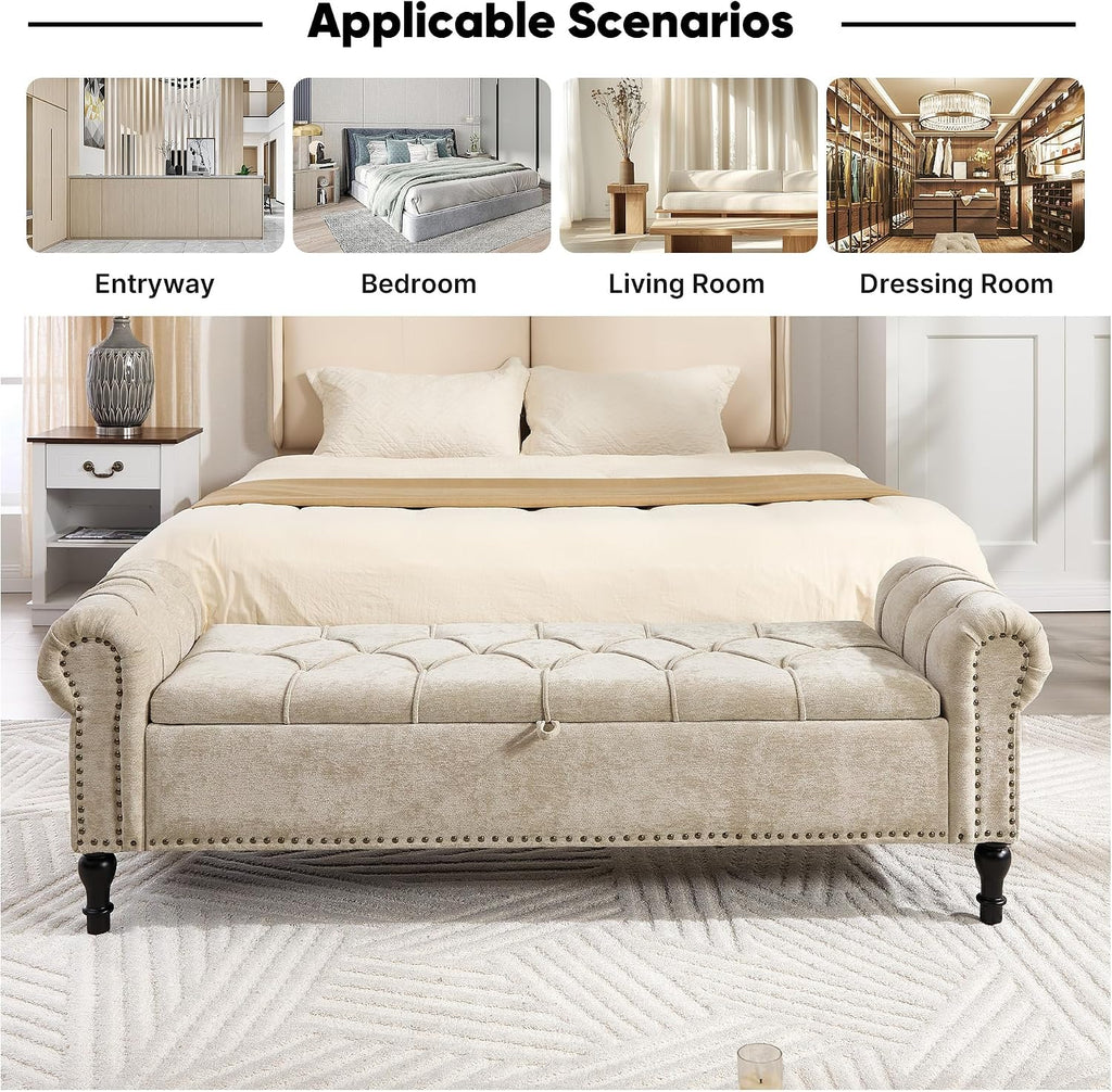Storage Bed Bench , Chenille 67" End of Bed King Size Benches with Armrest, Tufted Button Upholstered Ottoman Bench