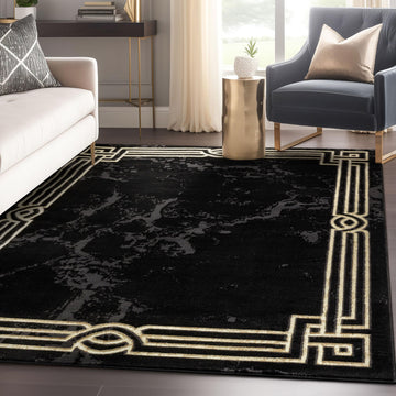 Fairmont Collection Huntington 5'3" x 7'3" Area Rug Black Gold Marble Border