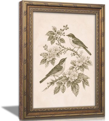 Vintage Gold Framed Bird Wall Art, Birds on Floral Branch Canvas Print, Antique Neutral Cottagecore Wall Decor, Retro