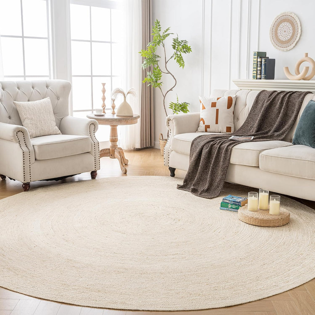 White Round Rug 6 Feet, Chunky Hand Braided Textured Jute Rug Rustic Style Decor, Bedroom, Living Room, 100% Natural