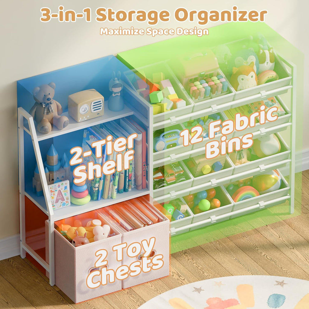 Kids Toy Storage Organizer - Toy Shelf , Kids Room | 12 Removable Fabric Bins, 2 Boxes & 2-Tier Bookshelves