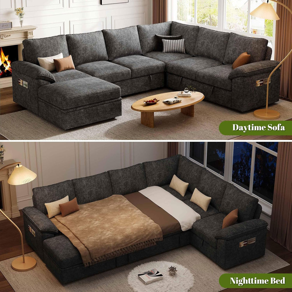 108 Inch Sectional Sleeper Sofa with Pull Out Bed, U Shaped 7 Seat Modular Sectional Sofa with Storage