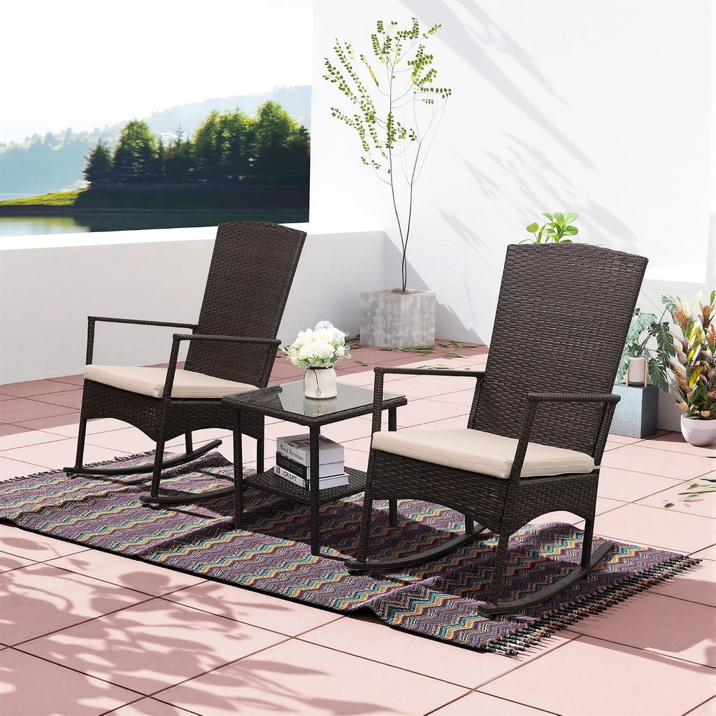 Outdoor Rocking Chair 3 Pieces High-Backed Rocking Chair Patio Rocking Chairs Outdoor Table, Khaki