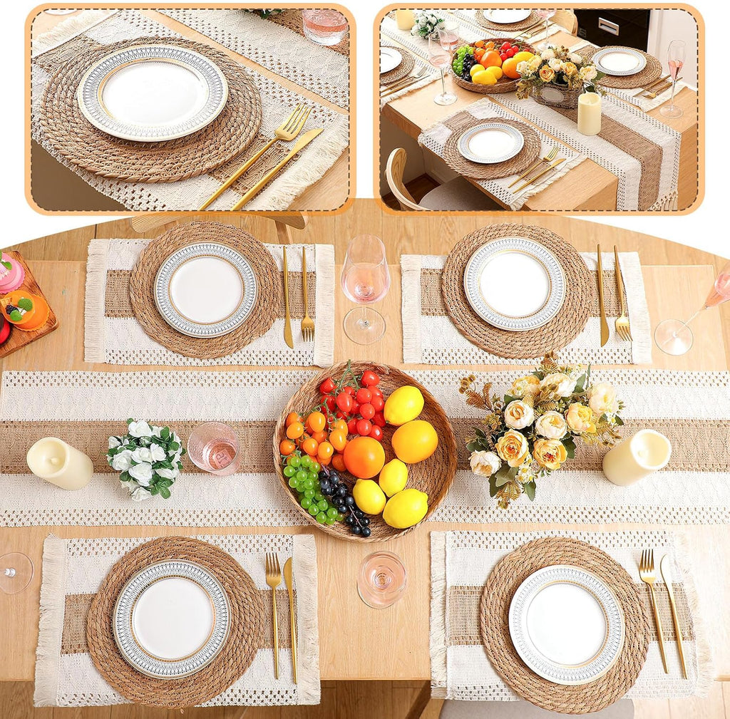 Boho Placemats 4/6/8 Set of Round Woven Placemat Macrame Style Bicolor Stitching Long Table Runner Farmhouse Rustic