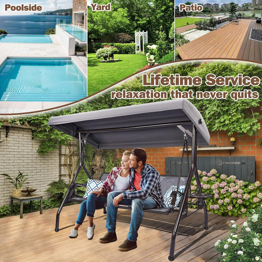 3 Person Patio Swing Outdoor Swing for Adults with Adjustable Canopy &Upgraded Cup Holders Textilene Fabric Porch