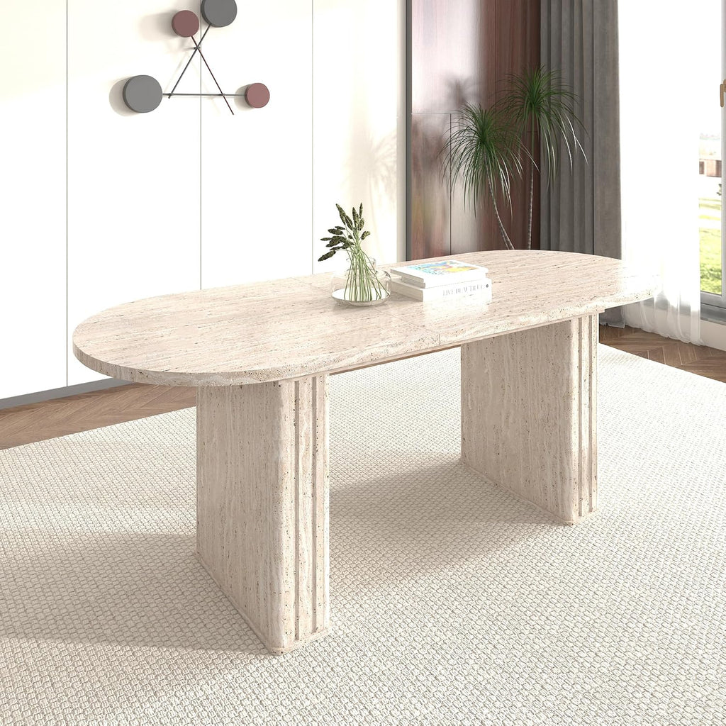 78.74" Extendable Dining Table for 4-8 People,Oval Travertine Inspired Kitchen Table with Wooden Strip Base for