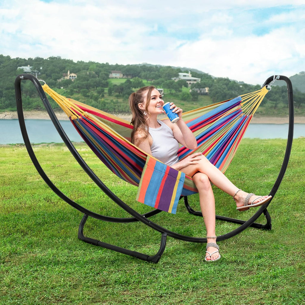 Portable Space Saving Hammock with Stand, Two Person Hammock with Stand Included, Patent Pending, Rainbow