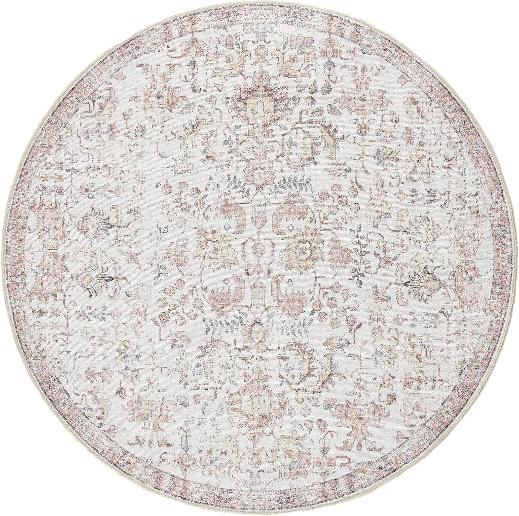Kalen Round Rug 8ft Area Rug Washable Vintage Indoor Retro Accent Floor Cover Distressed Floral 8' R
