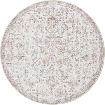 8ft Vintage Floral Round Rug, Circle Washable Rug, Red