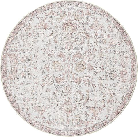 Kalen Round Rug 8ft Area Rug Washable Vintage Indoor Retro Accent Floor Cover Distressed Floral 8' R