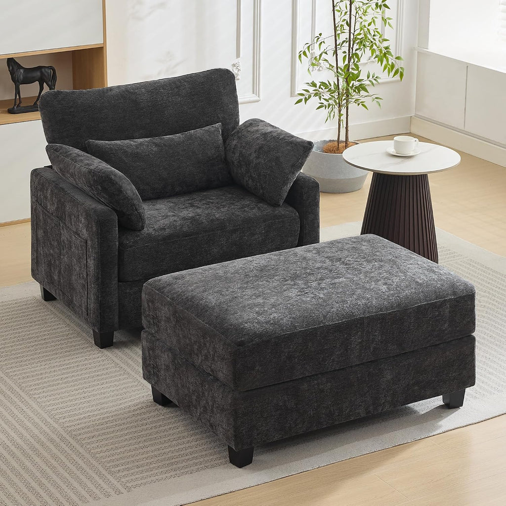 57.5" Oversized Chaise Lounge with Ottoman Indoor, Grey Reading Chair with Ottoman & Sofa Bed, Chenille Upholstered