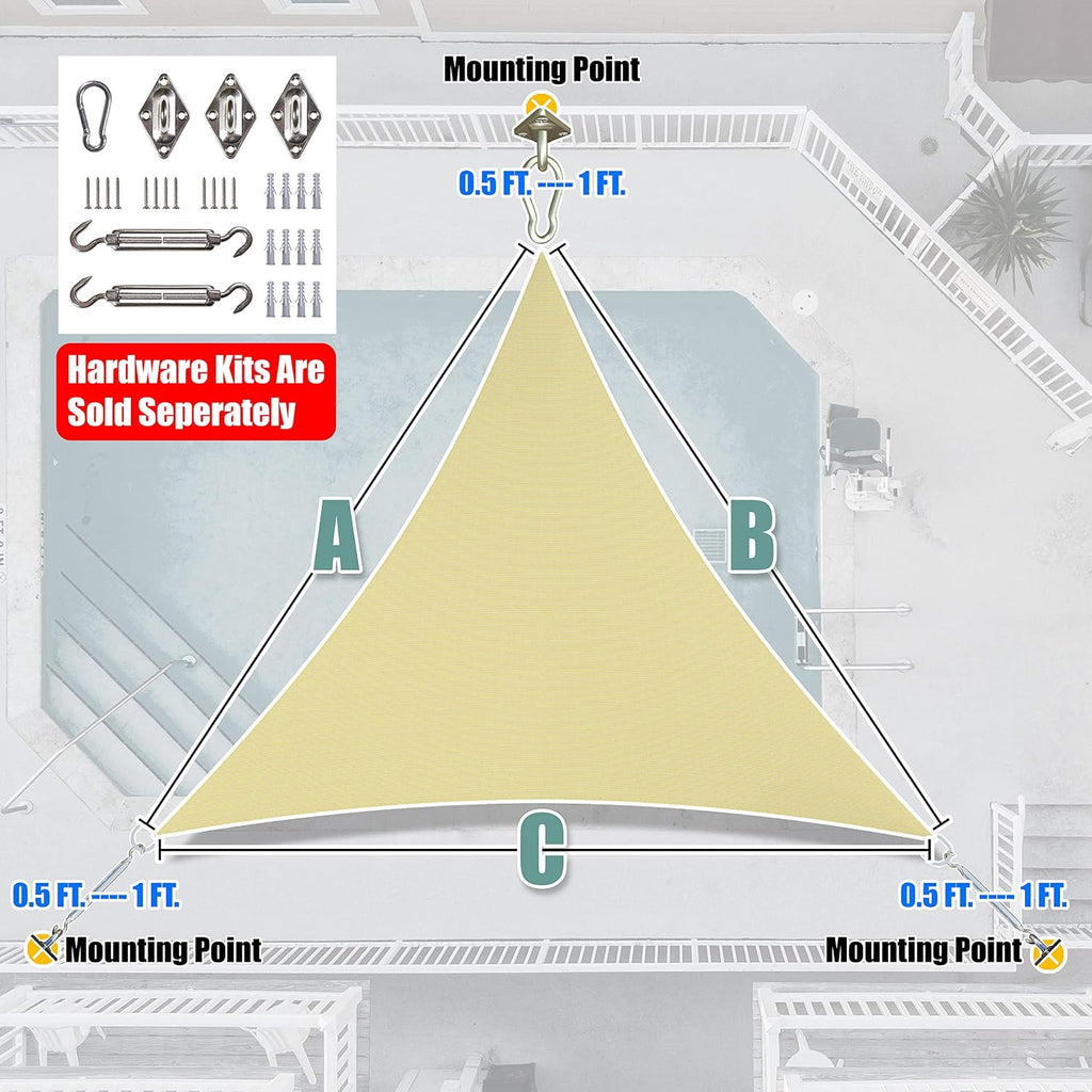 22' x 22' x 22' Beige Triangle Sun Shade Sail Outdoor Canopy Awning, UPF50+ AGTAPT22, 95% UV Blockage, Water & Air