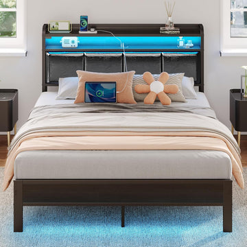 Bed Frame Full with Charging Station and LED Lights, PU Leather Headboard with Storage Shelves, Heavy Duty Metal Slats
