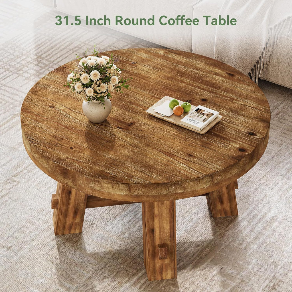 31.5-Inch Round Coffee Table, Solid Wood Center Table with Thickened Tabletop, Small Space (Rustic Brown)