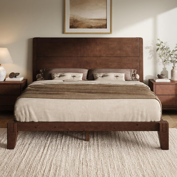 Solid Wood Queen Bed Frame with Headboard, Japanese Joinery,Walnut