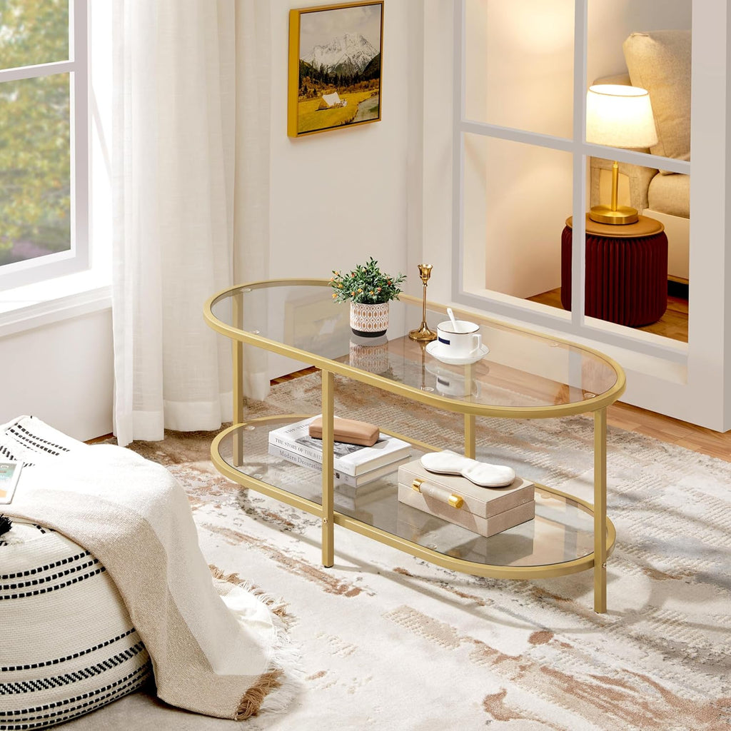 42" Oval Glass Coffee Table, 2-Tier Center Table with Storage Shelf for Small Space, Office