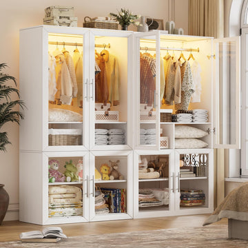 Armoire Wardrobe Closet with Glass Door, Bedroom Closet Wardrobe Cabinet with Hanging Rod, Lighted Freestanding