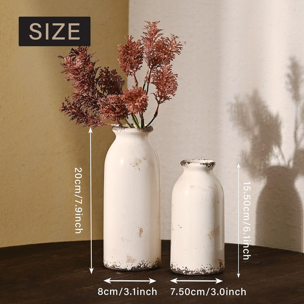 White Ceramic Vases Home Decor, Farmhouse Vase for Flowers, Flower Vase Set of 2, Rustic Decorative Vases for Pampas
