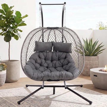 Double Egg Chair with Stand for 2 Persons, Oversized Patio Hanging Basket Chair, Honeycomb Wicker Swing Chair with