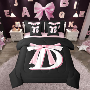 Kids Girls Black Pink Bow Comforter Set with Sheets Monogrammed 7 Piece Bedding Set Personalized