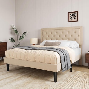 Queen Button Tufted/Fabric Upholstered Bed Frame with Adjustable Headboard/Wood Slat Support/Mattress Foundation/Beige
