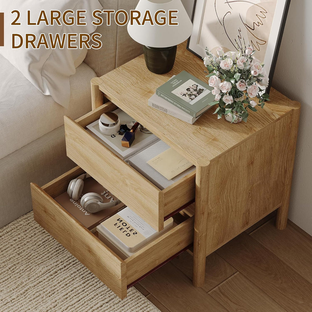 Mid Century Modern Oak Nightstand Set of 2 - Bedside Table with 2 Drawers and 4 Sturdy Solid Wood Legs, End Table