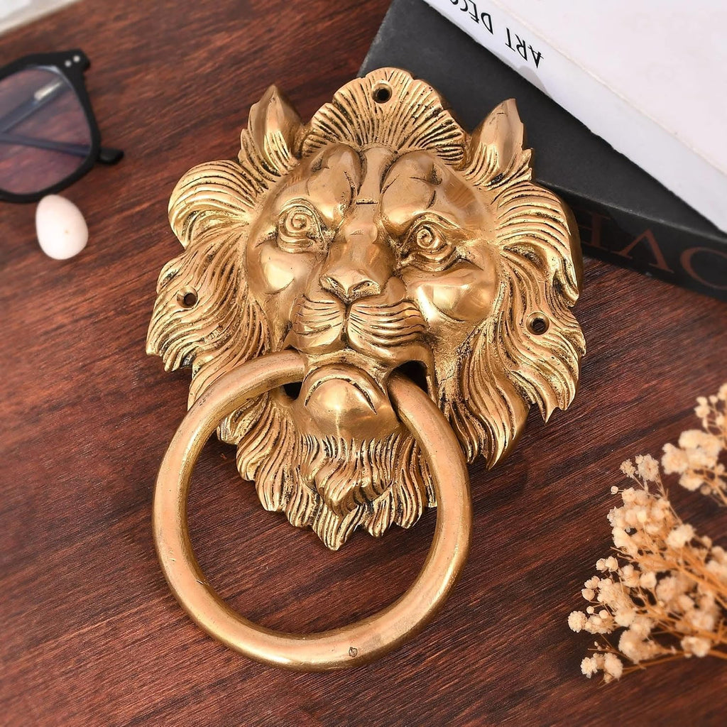 Lion Head Brass Door Knocker Authentic Vintage Unique Front Door Holder with Gold Finish Rare Solid Door Accessories