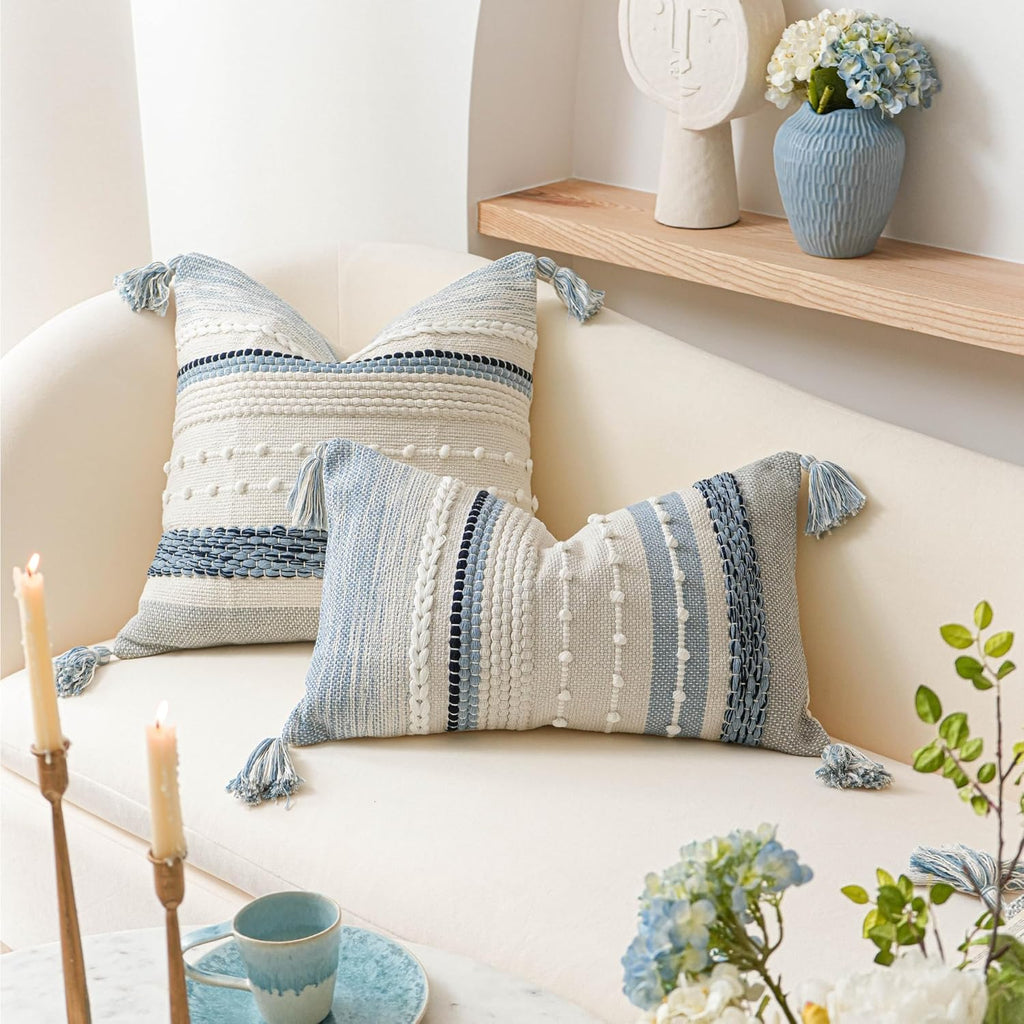 Coastal Blue Boho Decorative Throw Pillow Cover 20x20 Modern Bohemian Accent Pillow Case Square Woven Textured