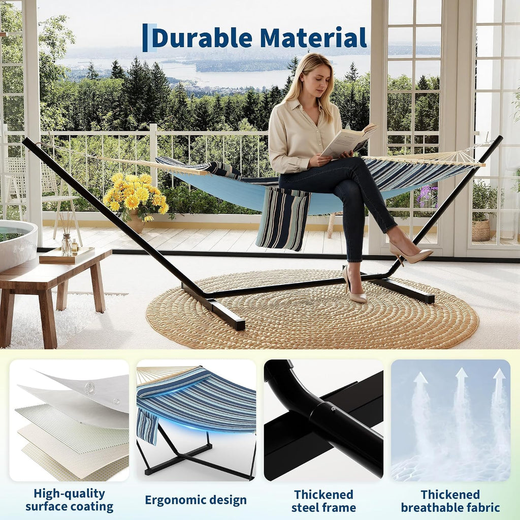 Double Hammock with Stand for Outdoor - Heavy Duty Portable 2 Person Hammock with Adjustable Steel Stand, 450 Lbs
