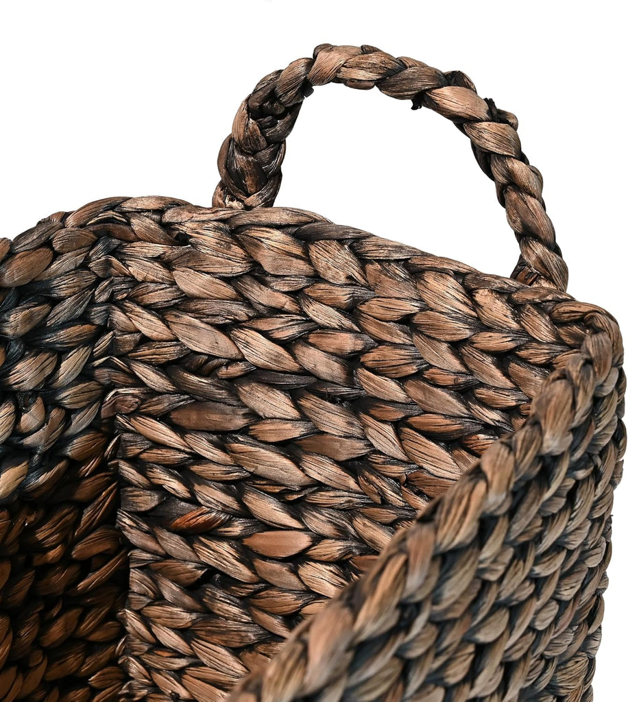 Clara 3-Piece Nesting Water Hyacinth Floor Baskets 17", Brown | Farmhouse Classic Handwoven Rectangle Wicker Seagrass