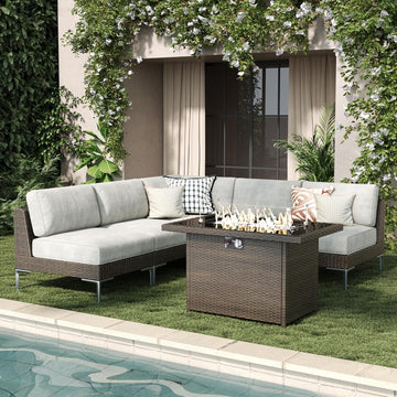 6-Piece Outdoor Modular Wicker Sectional Sofa with Fire Pit Table