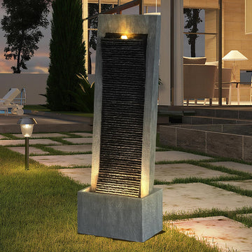49.6" H Modern Curved Faux Slate Waterfall Fountain, Outdoor Freestanding Fountains with LED Lights and Pump