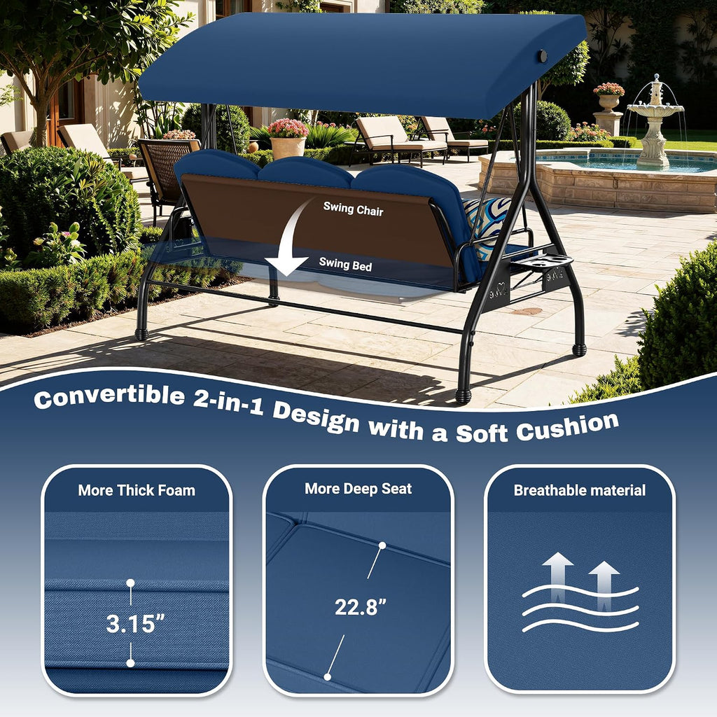 Patio Swing with Adjustable Canopy 3-Seat Outdoor Porch Swing with Stand for Adults 2-in-1 Convertible Swing Bed