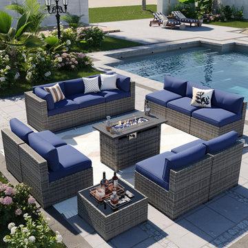 Patio Furniture Sets, 12-Piece Outdoor Patio Furniture with 44'' Propane Gas Firepit Table, Wicker Outdoor