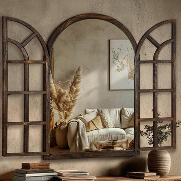 Farmhouse Window Mirror for Wall, 38"x26" Rustic Vintage Arch Mirror