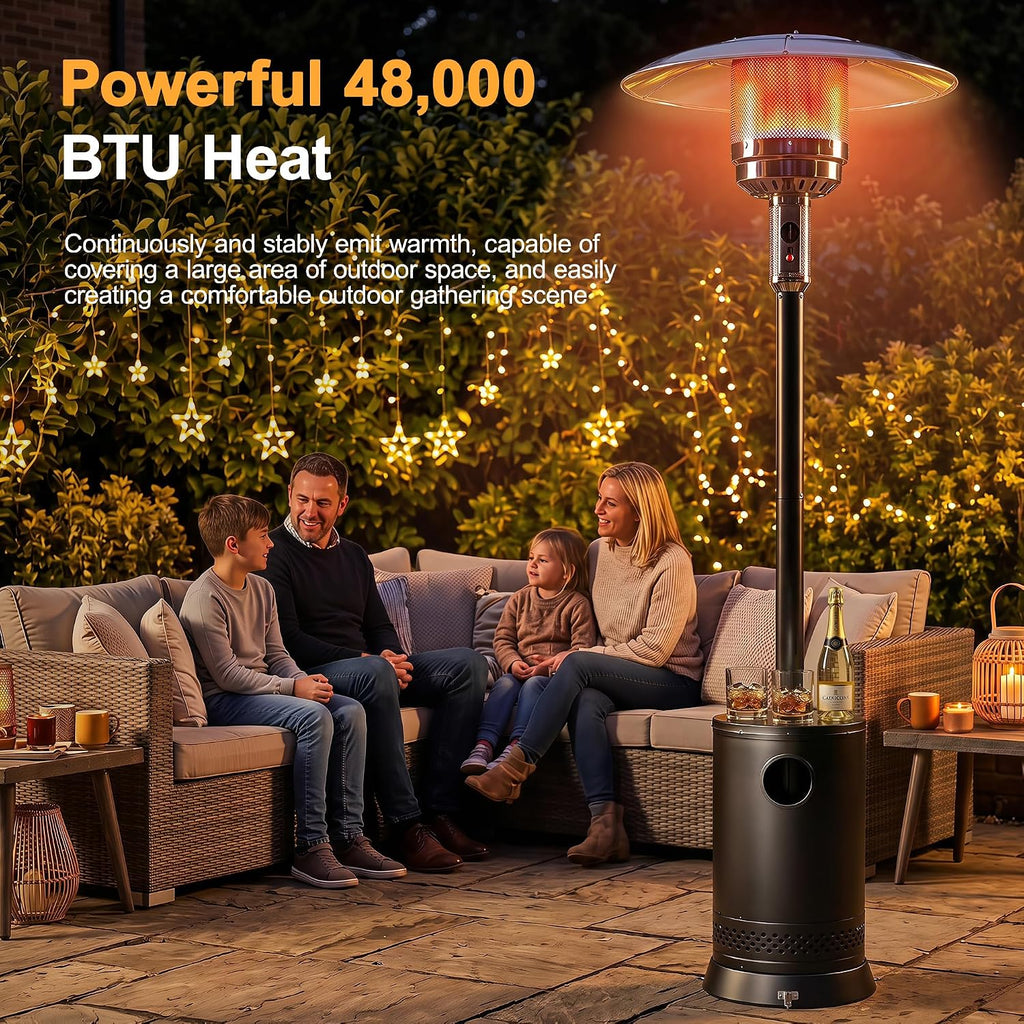 BTU Portable Propane Patio Heater with Wheels, Black | Triple Safety Protection, Round Table Design, Double-Layer