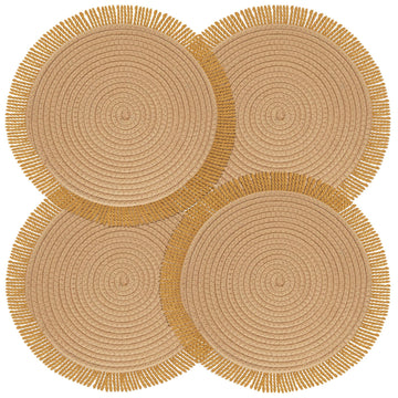 Round Thick Woven Placemats Set of 4, 12" Cotton Boho Dining Table Mats with Tassel Fringe Farmhouse Braided Macrame