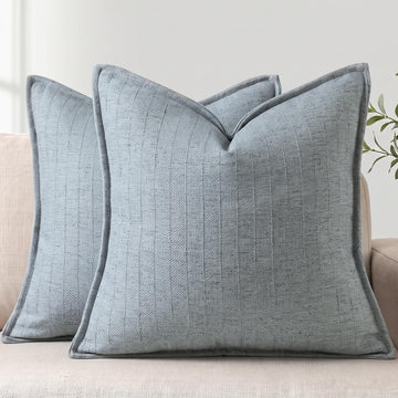 26x26 Linen Euro Sham Pillow Covers Steel Blue Pack of 2 Farmhouse Boho Neutral Accents Striped Textured Square