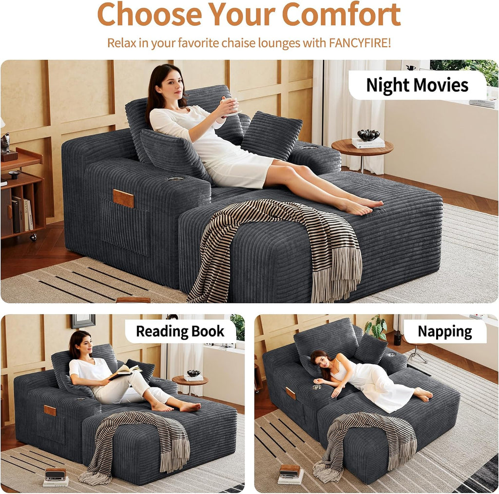 67" Oversized Chaise Lounge Chair Indoor, Corduroy Upholstered Boneless Sofa Bed, Modern Deep Seat Cloud Sleeper
