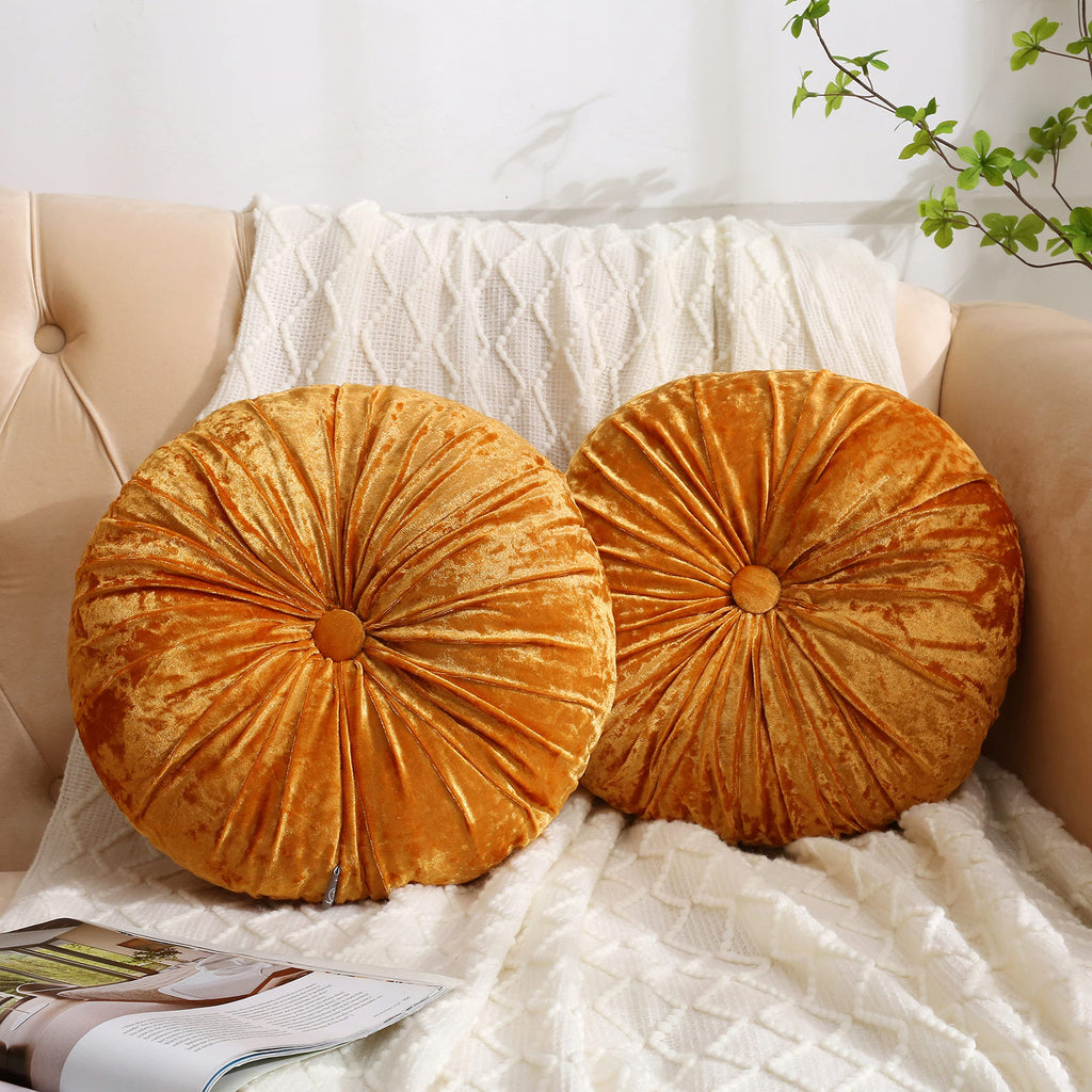 Pack 2:Round Floor Cushions Pillow, Solid Color Velvet Meditation Cushion Pumpkin Pleated Meditation Pillow Sofa Bed