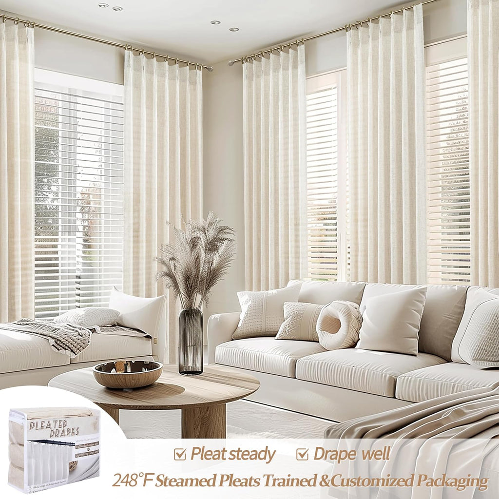 Pinch Pleated Linen Curtains for Living Room Bedroom, Light Filtering Boho Window Drape 2