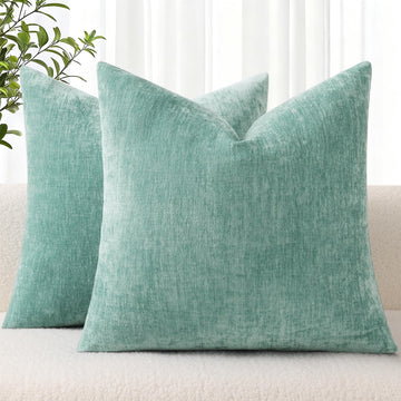 Chenille Aqua Haze Throw Pillow Covers 18x18 Inch Set of 2, Decorative Soft Couch Pillow Covers Solid Dyed Accent