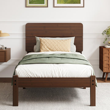 14" Twin XL Bamboo Wood Platform Bed Frame with Headboard, Walnut