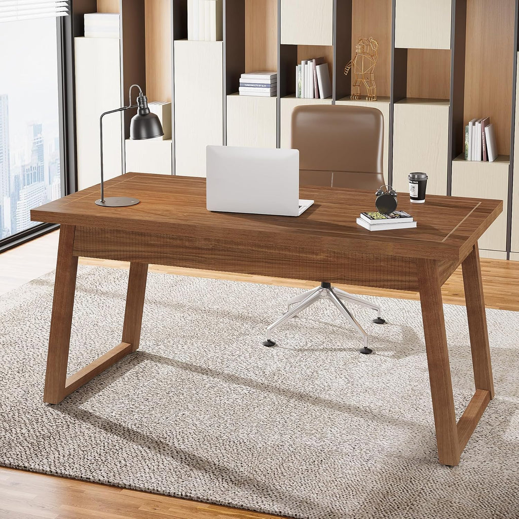 Home Office Executive Desk: 55 Inches Wooden Computer Desk with Drawer, Mid-Century Modern Study Writing Table